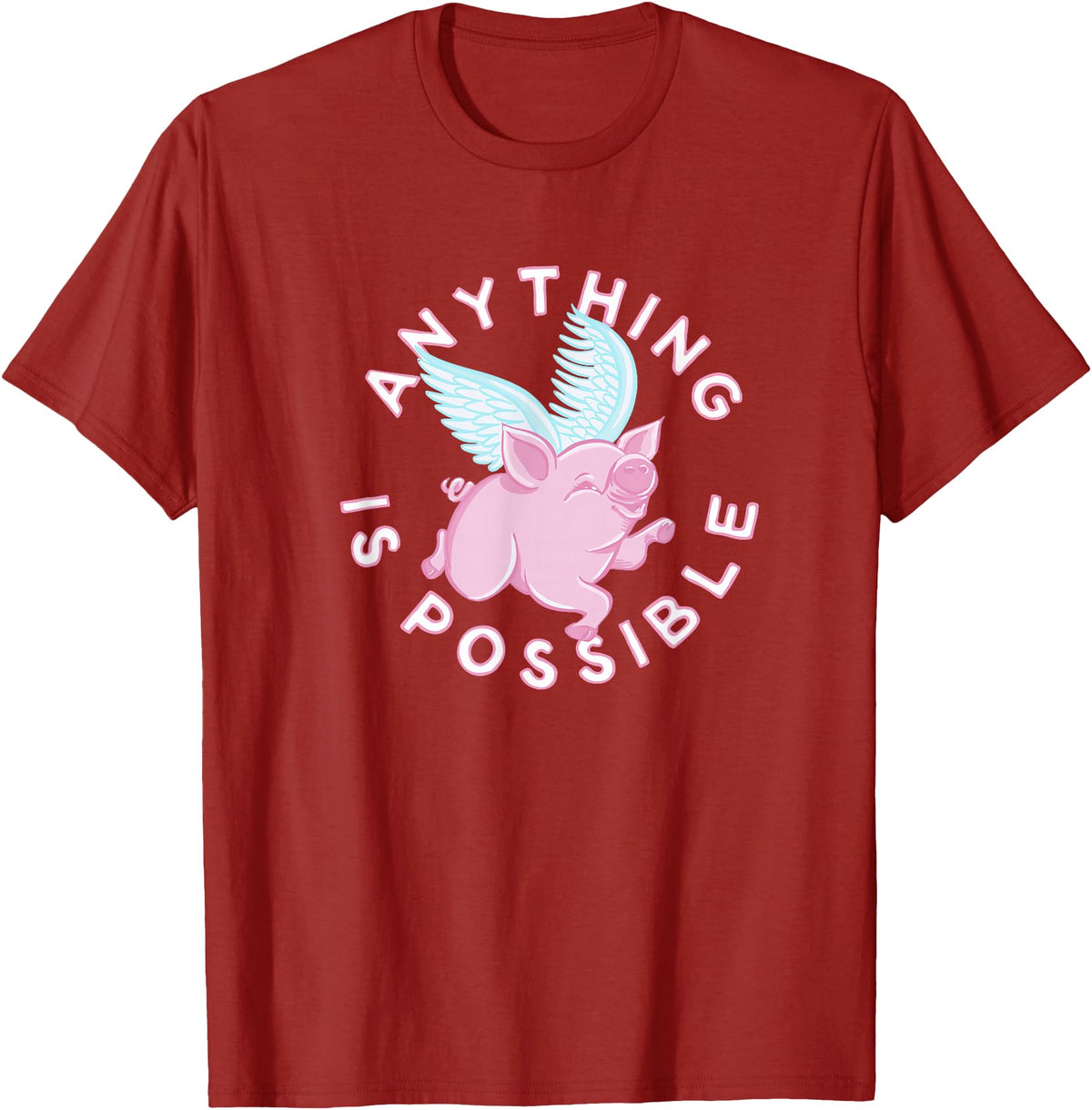 Inspire and Motivate Designs for Real Life Womens, Pigs Fly, cute and funny ALL THINGS ARE POSSIBLE T-Shirt - Cranberry Red