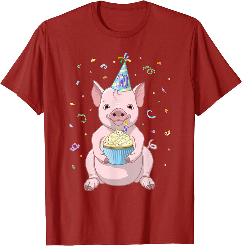 Funny Party Animals Cute Pink Pig Party Hat 50th Birthday Cupcake Gift T-Shirt - Cranberry Red