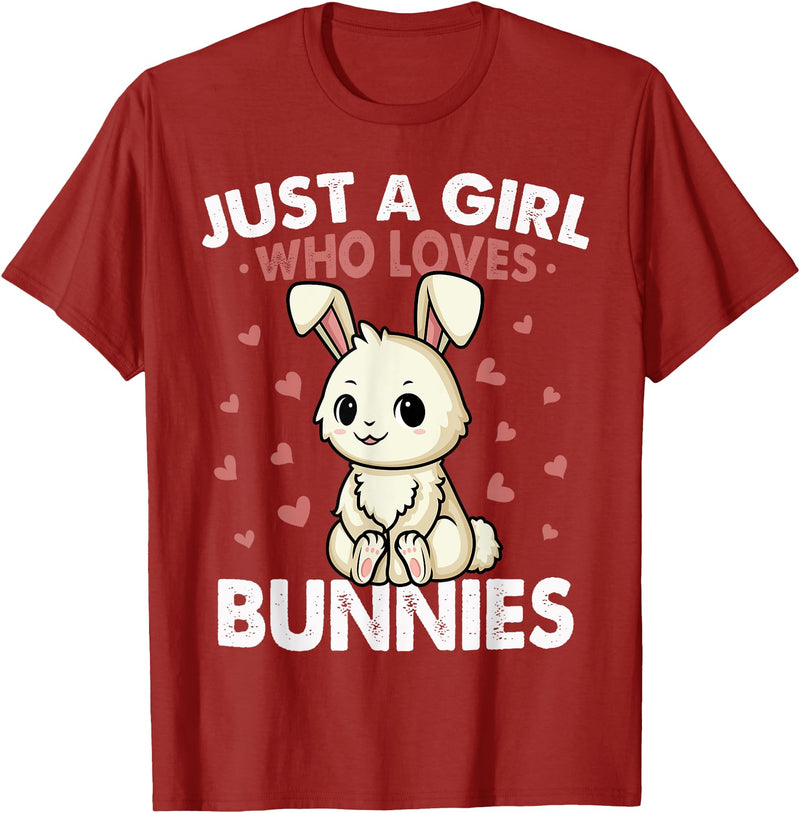 Just a Girl Who Loves Bunnies Kids Girls Rabbit Bunny T-Shirt in Cranberry Red
