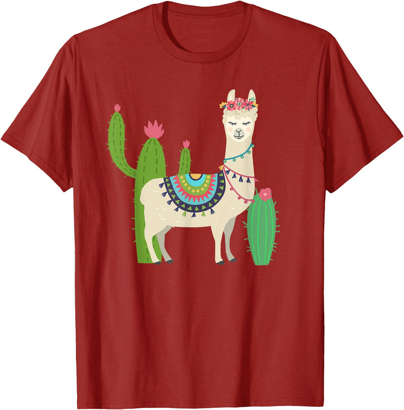 Captivaca Llama Shirts Cute Llama with Flower & Cactus/Llama Lover Gift T-Shirt Small - Cranberry Red