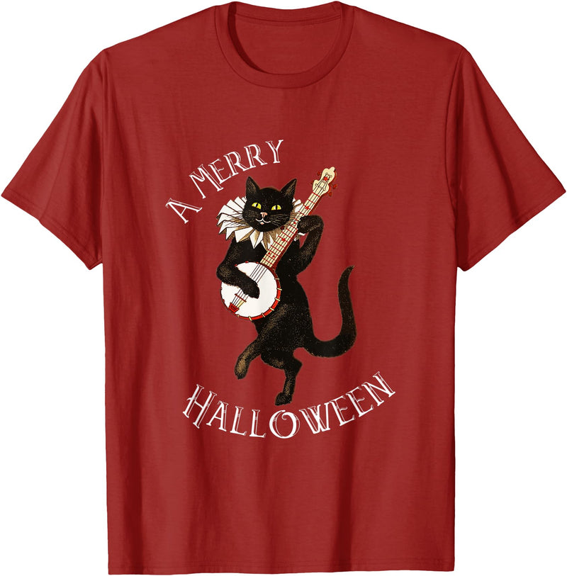 Vintage Halloween Retro Fun from Petes Treasures Vintage Black Cat Merry Halloween Not Scary Mens Womens T-Shirt - Cranberry
