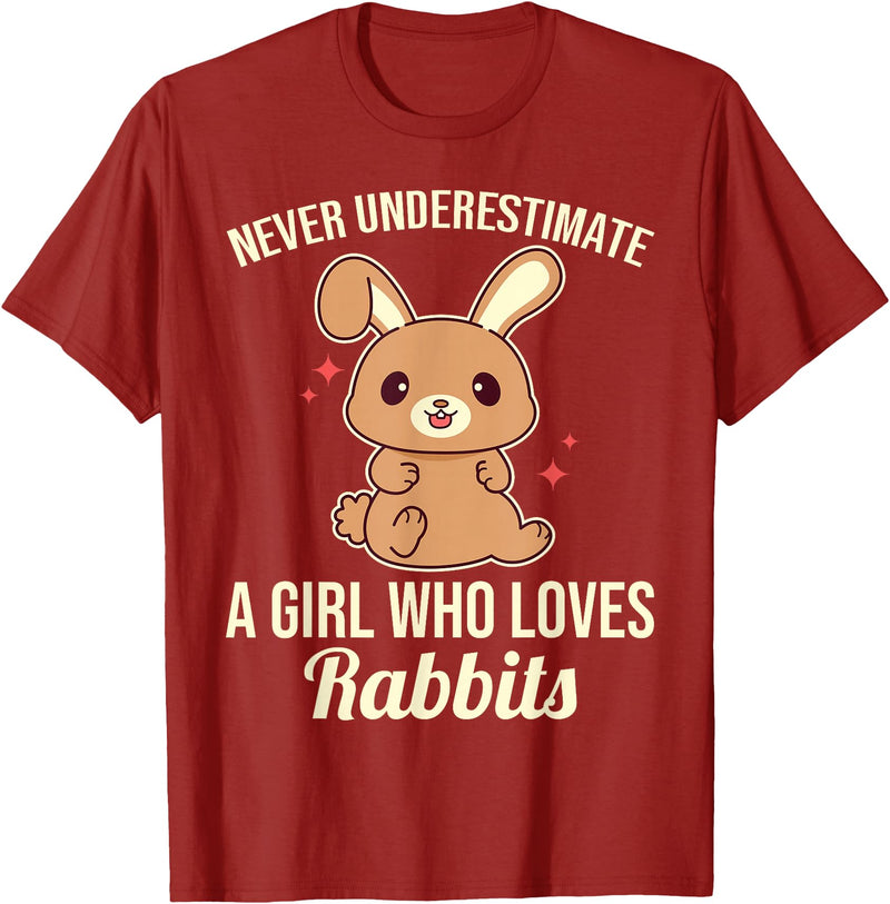 Never Underestimate a Girl Who Loves Rabbits T-Shirt in Cranberry Red