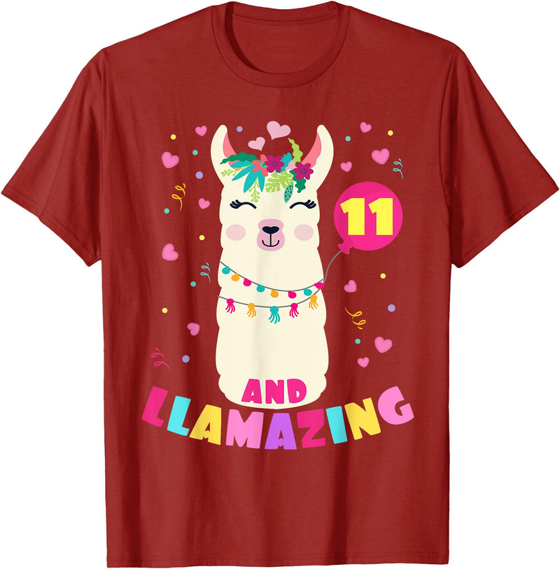 Llamazing Birthday Party Outfit Llama Lovers Llamazing 11 Years Old Girl Birthday Cute Llama Alpaca Kids T-Shirt - Cranberry Red