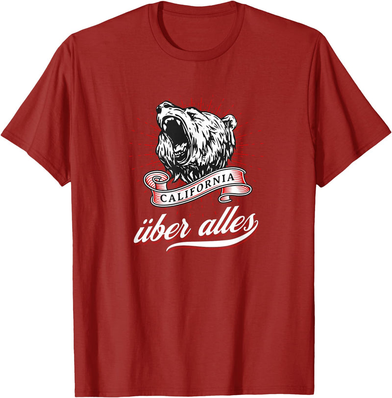 Not Quite Right California Über Alles with Roaring Grizzly Bear T-Shirt - Cranberry Red