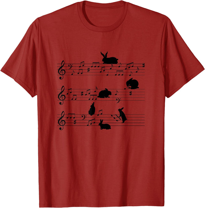 Cute Bunny Rabbit Playing Music Notes Musician T-Shirt in Cranberry Red