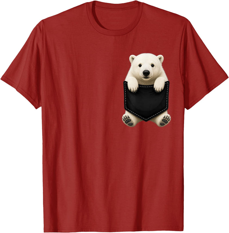 Funny Polar Bear in Pocket Polar Bear Lover Cute Pocket T-Shirt - Cranberry Red