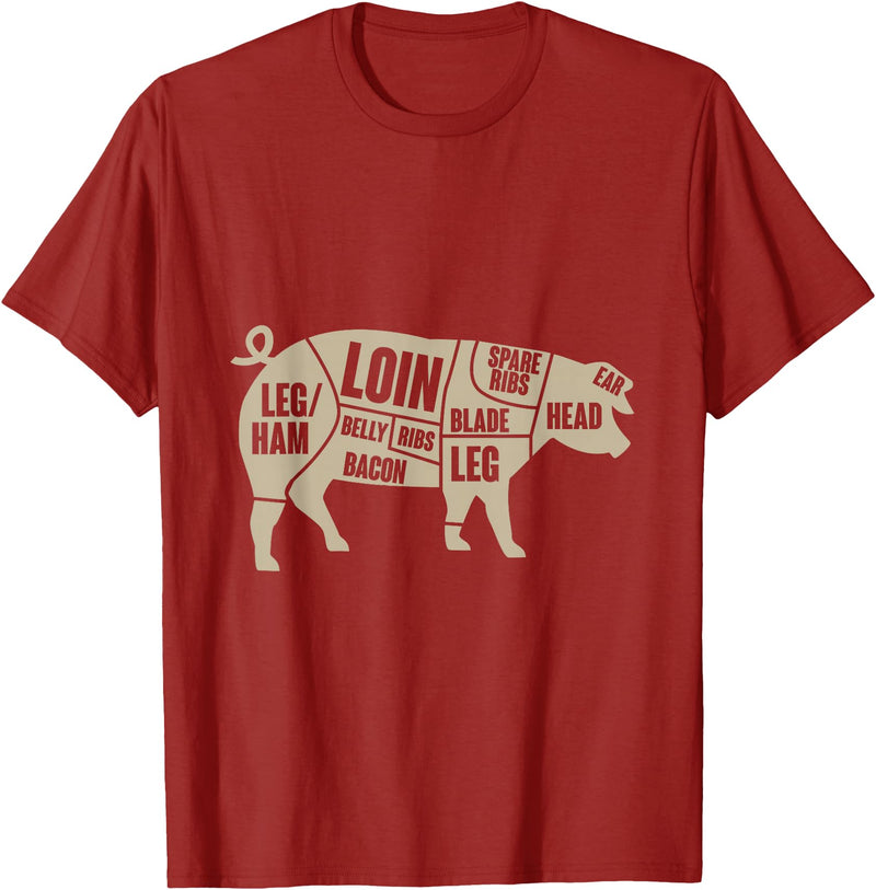 Piglet Farm Teez Pig Anatomy T-Shirt Pork Meat Cuts Tee T-Shirt - Cranberry Red