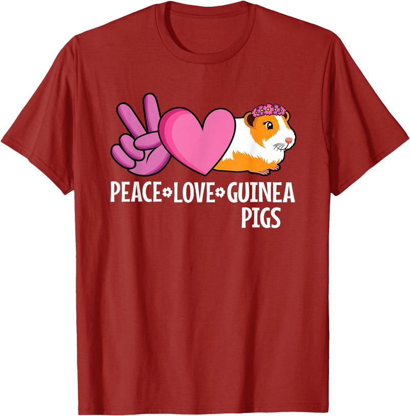 EDILILU Peace Love Guinea Pigs Cute Guinea Pig Lover Women Girls T-Shirt - Cranberry Red