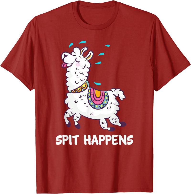 Funny Llama Pun by DSMD Spit Happens Llama Alpaca Lovers Funny Animal Pun T-Shirt - Cranberry Red