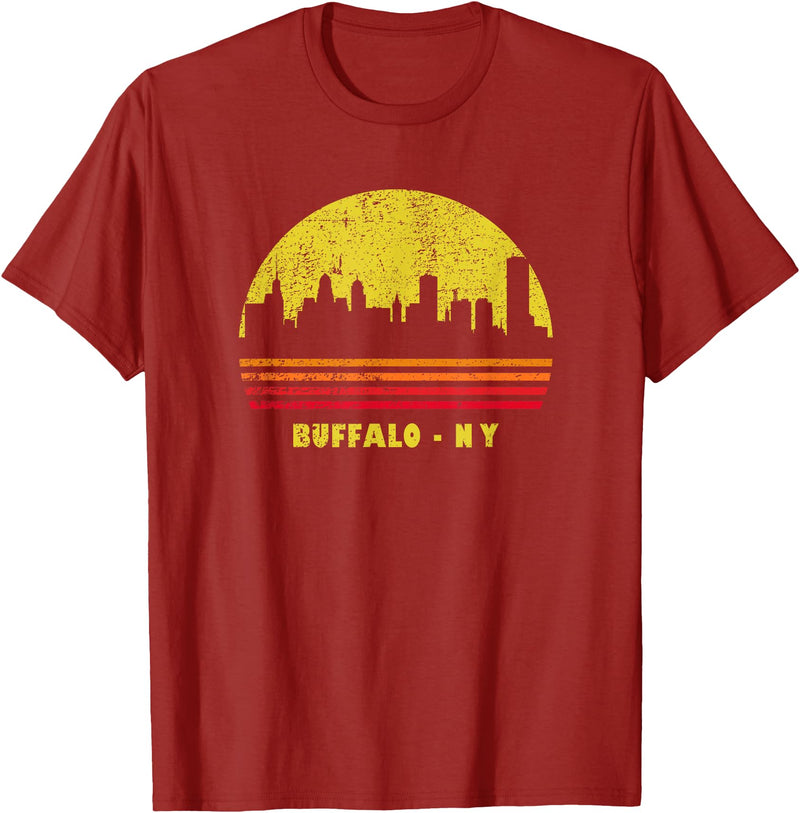 Wowsome! Vintage Retro Sunset Buffalo NY Skyline T-Shirt - Cranberry Red