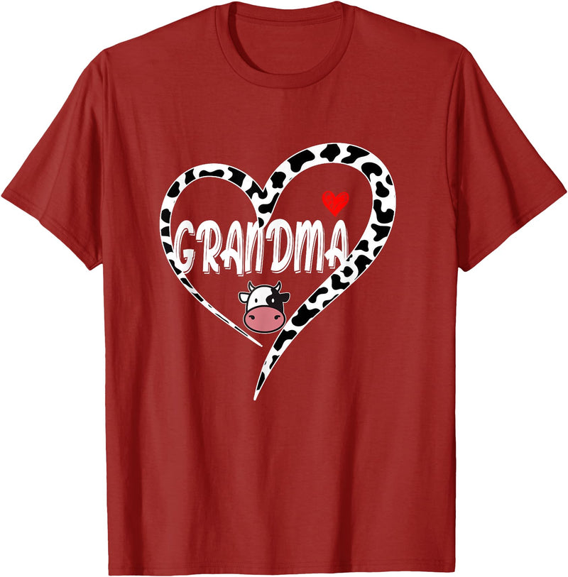 Black White Family Cow Farm Grandma Cow Print Cow Heart Pattern Farmer Cows Mother's Day T-Shirt - Cranberry Red
