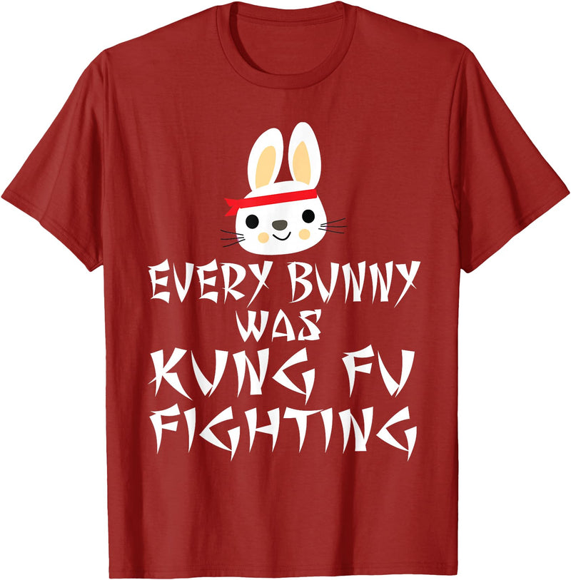 Every Bunny Was Kung Fu Fighting Funny Easter Rabbit T-Shirt in Cranberry Red