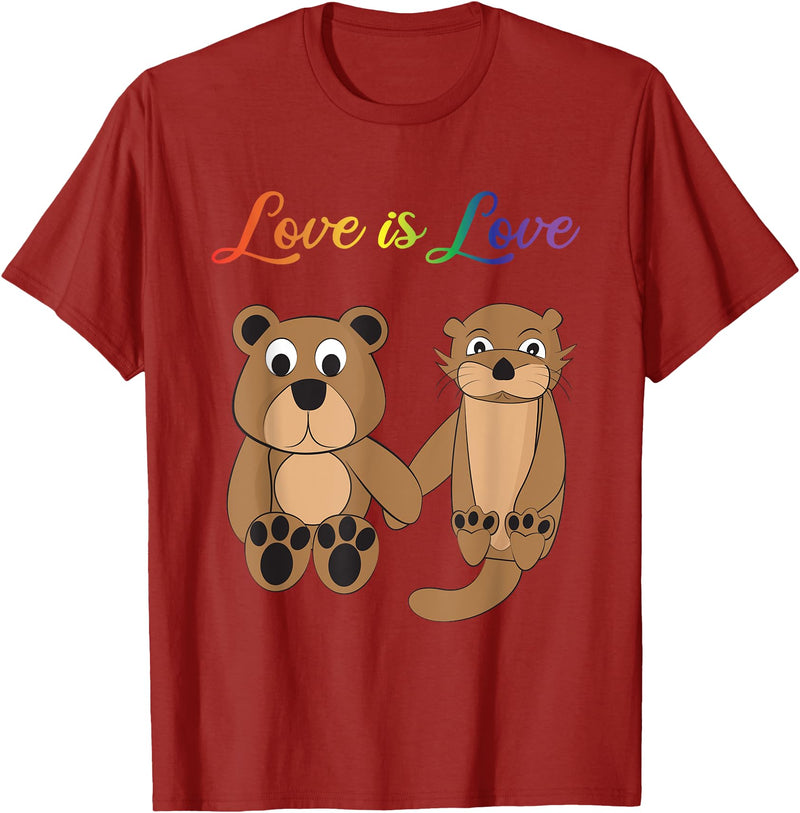 Kaisi-LGBT Gay Bi Gay Lesbian Otter Csd Queer Love Is Love Bear, Otter, Rainbow LGBT Diversity Drawing T-Shirt - Cranberry Red