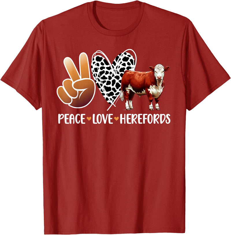 Cute Hereford Cattle Hereford Cow Boy Peace Love Hereford Cow Lover Hereford Cow Girl T-Shirt - Cranberry Red