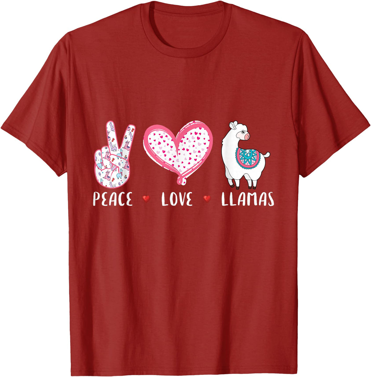 Peace Love llama Lovers Designs Co. Peace Love Llamas Gift for Girls Boys Kids Women Men Llama T-Shirt - Cranberry Red