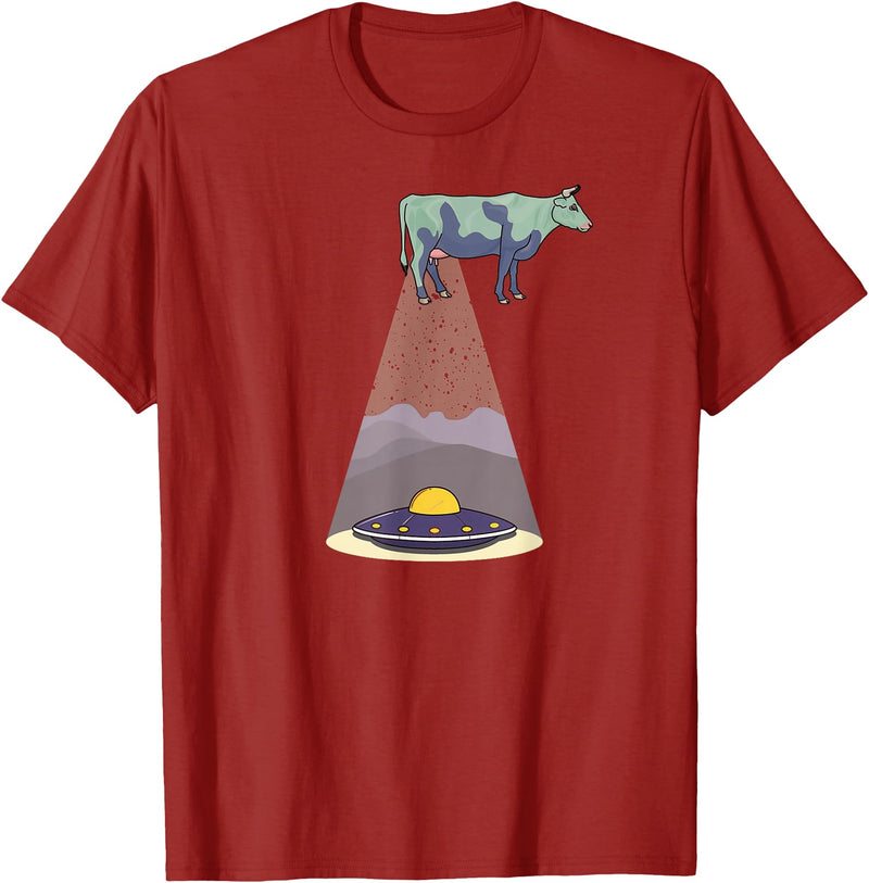 Funny Alien Abduction Cow UFO T-Shirt - Cranberry Red