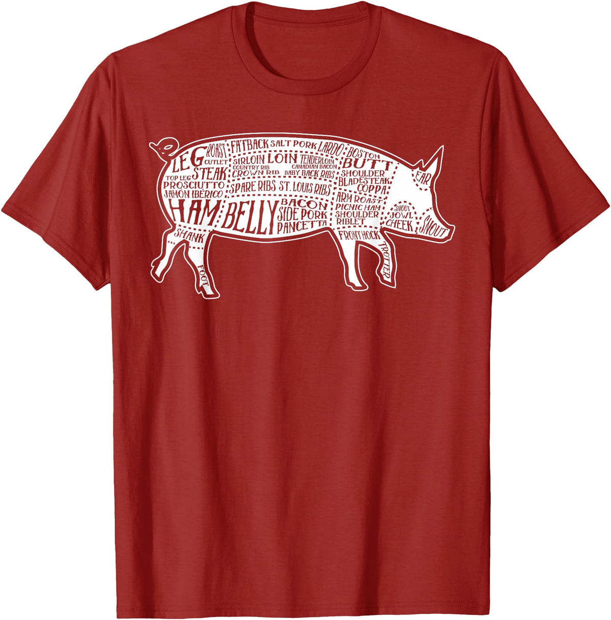 Pig Grilling Pork BBQ Bacon Lover Fun Gift Idea Lard Cuts Image Pig Parts Diagram Illustration Butcher Print T-Shirt - Cranberry Red