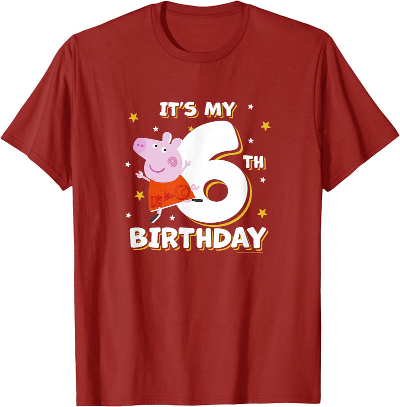 Peppa Pig It's My 6th Birthday Holiday Stars Celebration T-Shirt - Cranberry Red