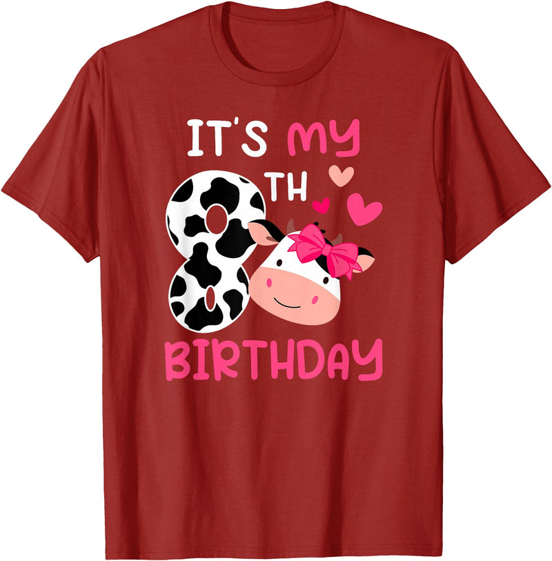 Eight Year Old Cow Eighth Birthday Cows 8th Cow Birthday 8 Year Old Girl Cow Birthday Party T-Shirt - Cranberry Red
