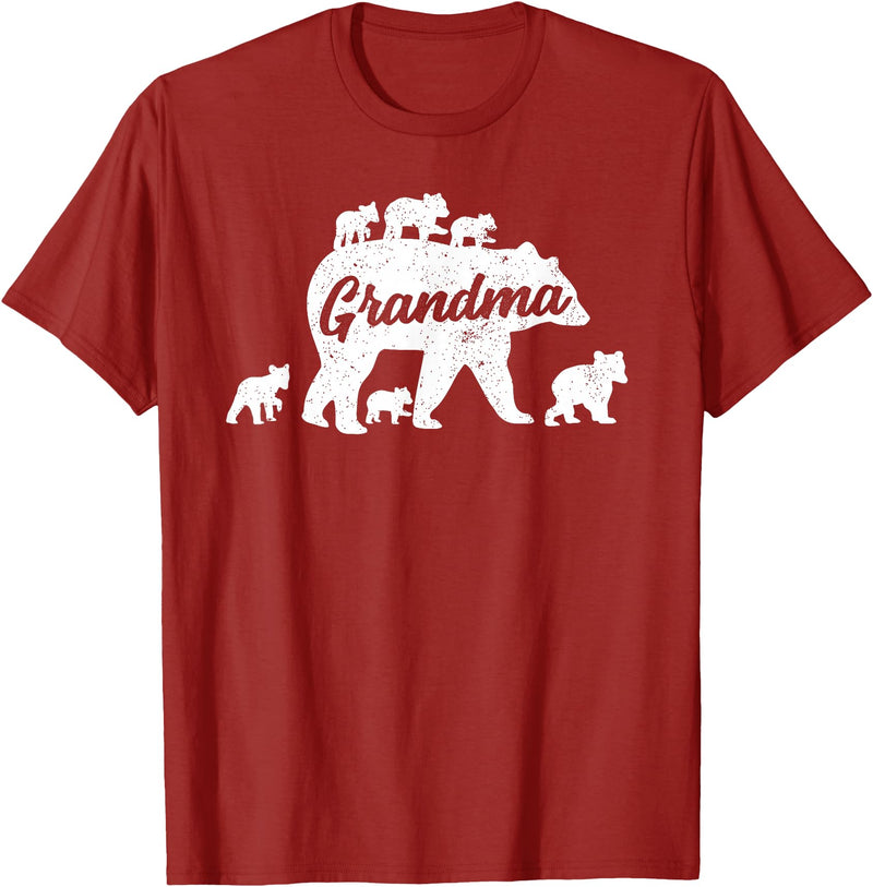 Matching Bear Family Apparel Vintage Grandma Bear with 6 Cub Mother's Day T-Shirt - Cranberry Red