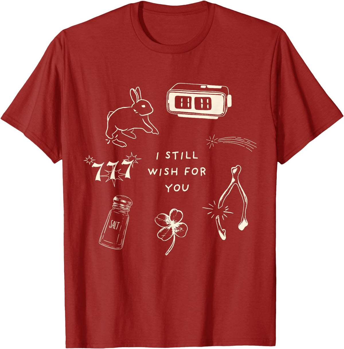 I Still Wish for You Lucky Rabbit 1111 Stars Clover Signs T-Shirt in Cranberry Red