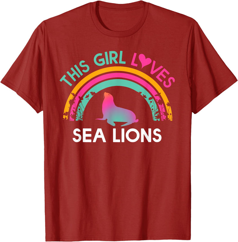 Rainbow Sea lions Outfit for toddler Girl Kids this Girl Loves Sea lions Cute Rainbow Silhouette T-Shirt - Cranberry Red