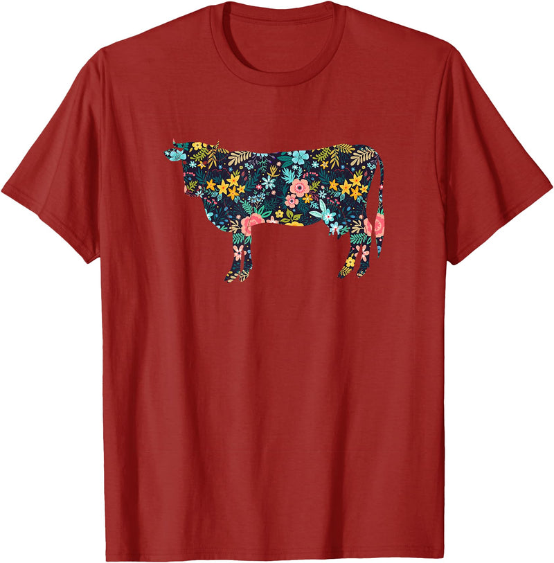 Cow Floral Silhouette Cattle Farm Lover Floral Cow Silhouette Womens Girls Cow Farm Animal T-Shirt - Cranberry Red
