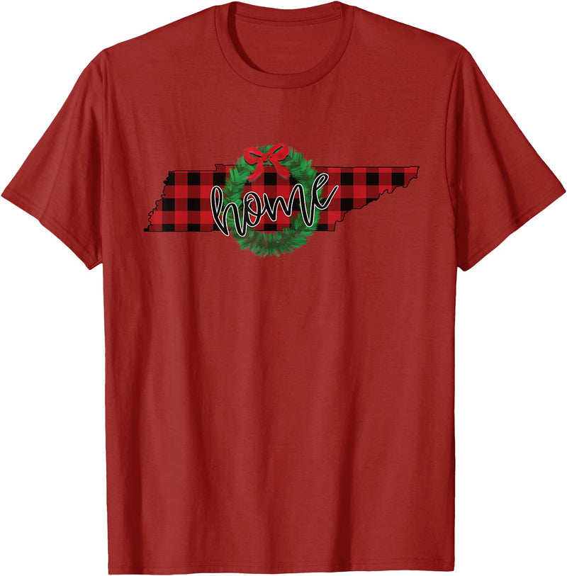 USA State Tennessee Christmas Buffalo Plaid Tennessee Buffalo Plaid Christmas Home Wreath Retro T-Shirt - Cranberry Red