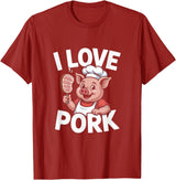 Pig Chef Barbecue Enthusiast Humor I Love Pork Funny Pig Chef Cartoon BBQ T-Shirt - Cranberry Red