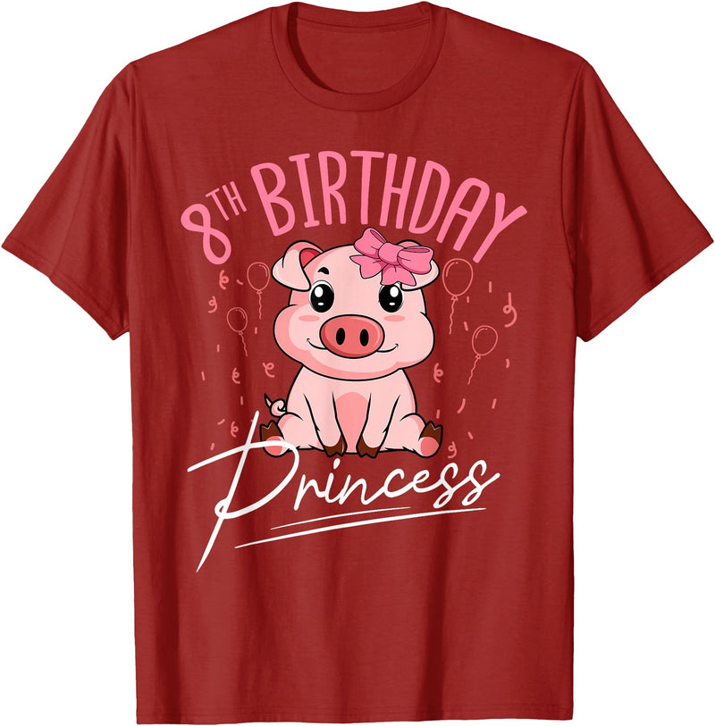 Pig Birthday 8 Cute Piggy Barn Party Apparel Pig 8th Birthday Princess Farm Party Hog Farmer Barnyard T-Shirt - Cranberry Red