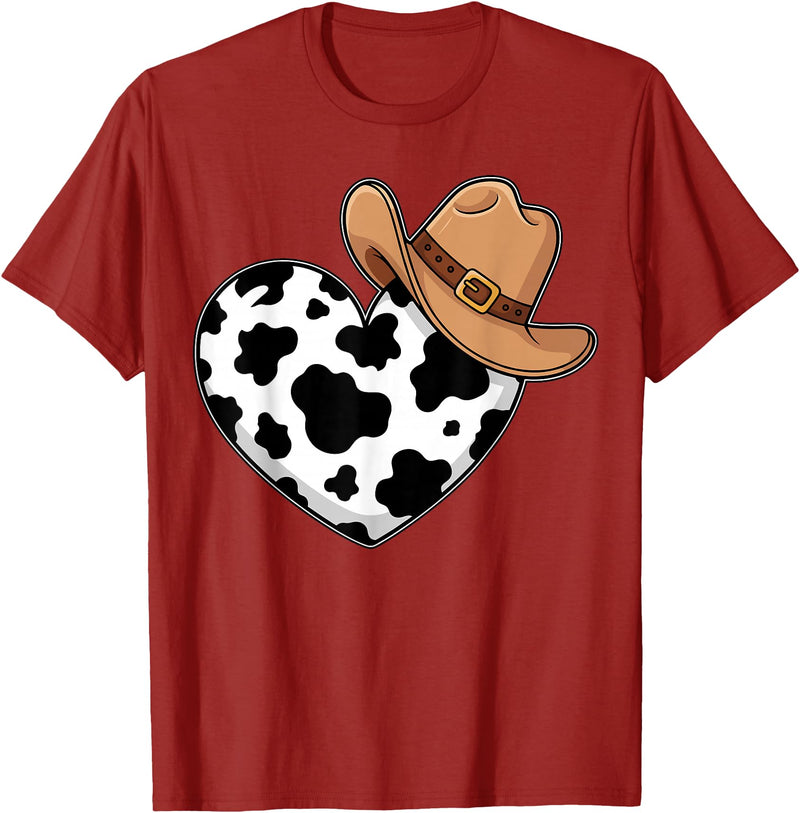Magical and Funny Western Gifts Western Cow Print Heart Cowboy Cowgirl T-Shirt - Cranberry Red