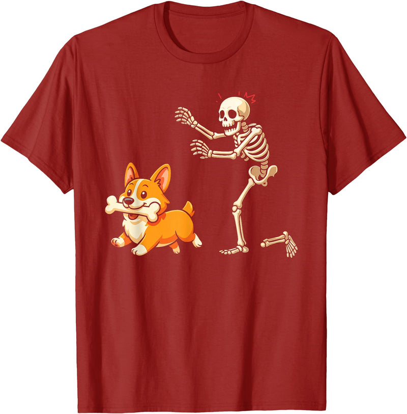 Funny Skeleton Chasing Dog Corgi Halloween Dog Funny Skeleton Chasing Corgi Dog T-Shirt - Cranberry Red