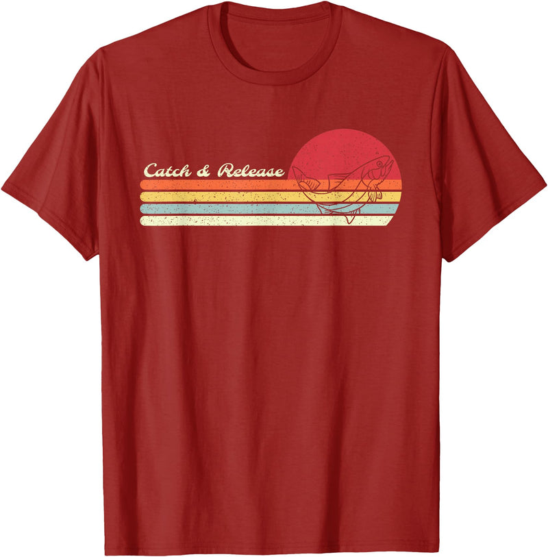 Retro Sunset Brook Trout Salmon Fisherman Designs Angler Catch & Release Trout Fly Fishing Vintage Distressed T-Shirt - Cranberry Red