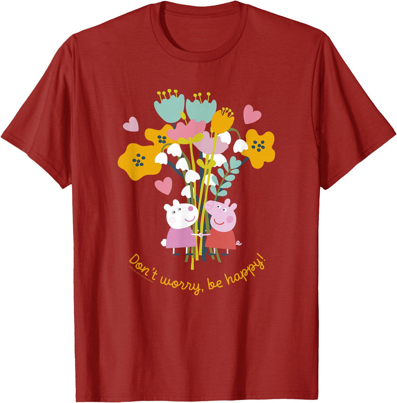 Peppa Pig Don't Worry Be Happy Floral Logo T-Shirt - Cranberry Red