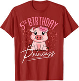 Pig Birthday 5 Cute Piggy Barn Party Apparel Pig 5th Birthday Princess Farm Party Hog Farmer Barnyard T-Shirt - Cranberry Red