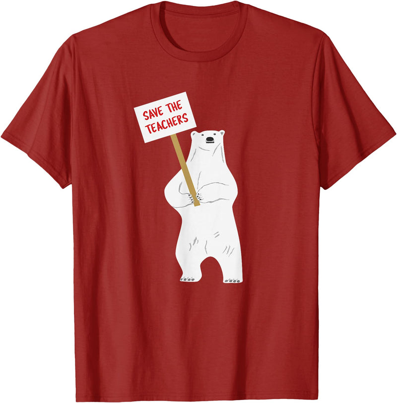 Math & Mirth Designs Save the Teachers Cute Polar Bear T-Shirt T-Shirt - Cranberry Red