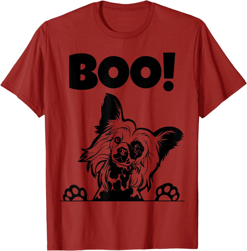 Funny Dog Halloween Chinese Crested Shirts Boo! | Hiding Hairless Puppy Dog Halloween Chinese Crested T-Shirt - Cranberry Red