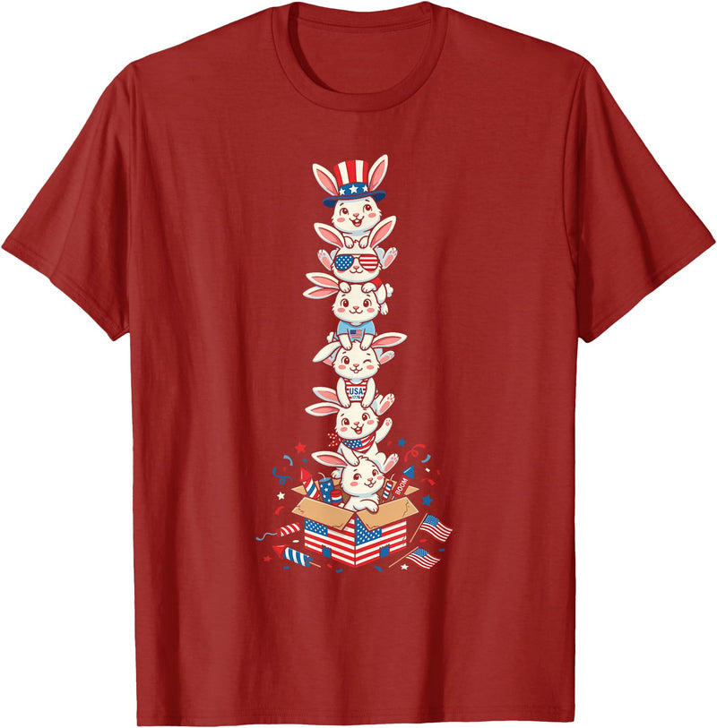 Funny Rabbit American USA Flag Memorial Day 4th of July T-Shirt in Cranberry Red