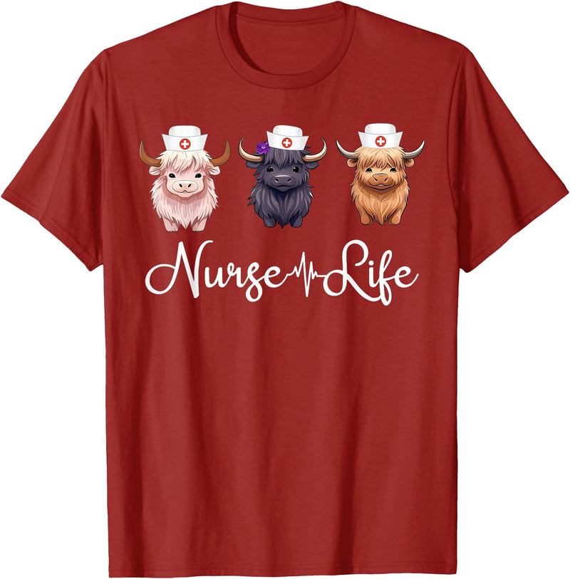 Highland Cow Nurse Life Costume Cute Highland Cow Nurse Life Farm Animal Lover Nursing T-Shirt - Cranberry Red