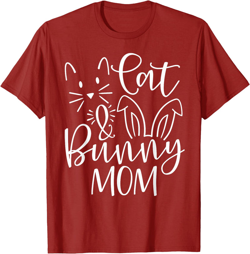 Cute Cat and Bunny Mom Design - Rabbit and Cat Owner T-Shirt in Cranberry Red
