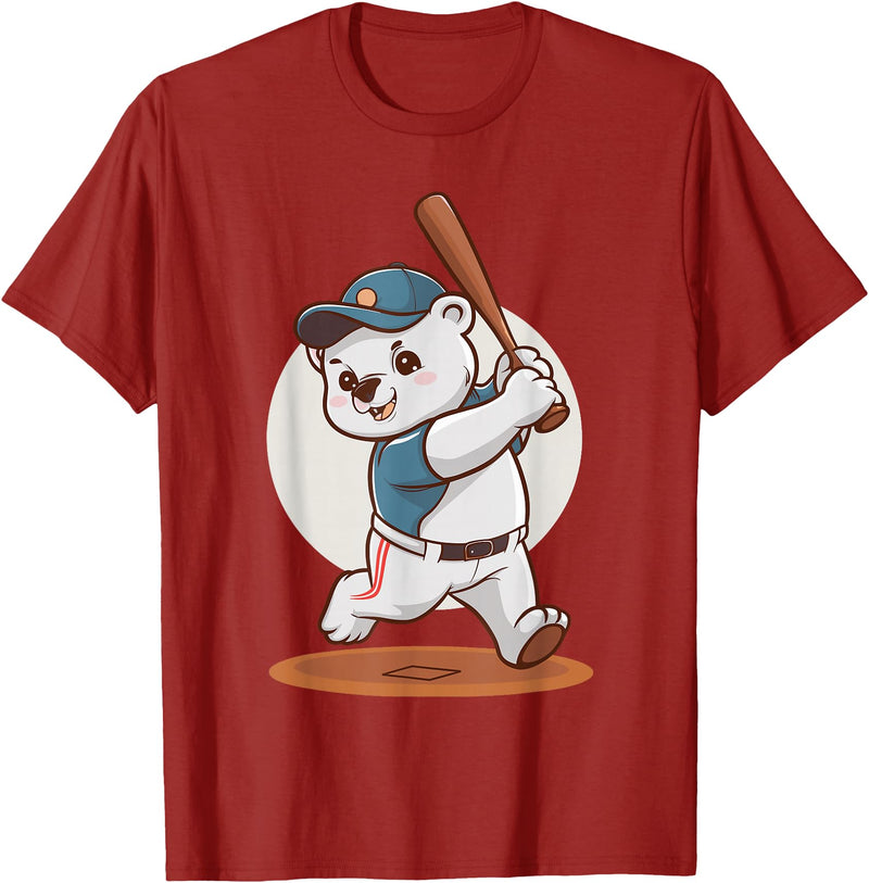 Adorable Polar Bear Baseball Theme Design Cute Polar Bear Playing Baseball Design Adorable Baseball T-Shirt - Cranberry Red