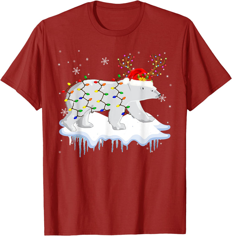Cute Christmas Lights Santa Reindeer Polar Bear Santa Reindeer Polar Bear Christmas Light Santa Polar Bear T-Shirt - Cranberry Red