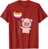 Hiking Lover Design Pig Heart Balloon Orange Pink Lesbian T-Shirt - Cranberry Red