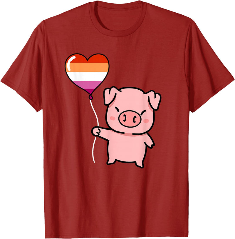Hiking Lover Design Pig Heart Balloon Orange Pink Lesbian T-Shirt - Cranberry Red