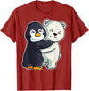 Penguin and Polar Bear Hug Arctic Animal Polar Bear and Penguin Cute North Pole Animals Hugging T-Shirt - Cranberry Red