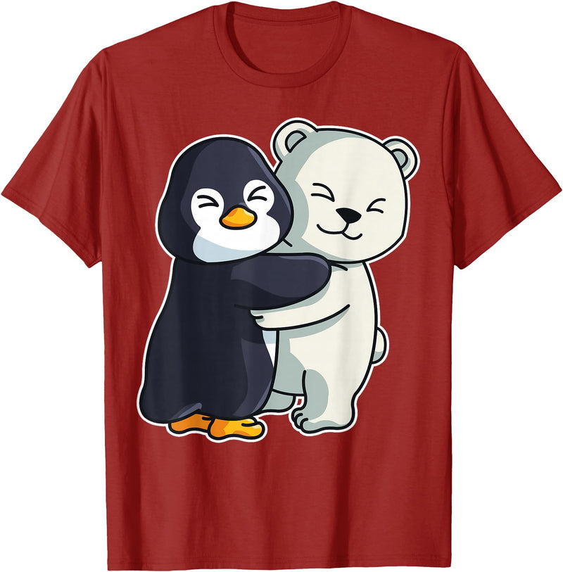 Penguin and Polar Bear Hug Arctic Animal Polar Bear and Penguin Cute North Pole Animals Hugging T-Shirt - Cranberry Red