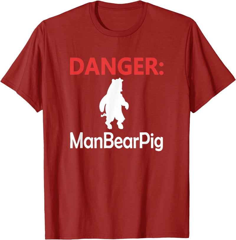 Funny Tees Danger Man Bear Pig T-Shirt - Cranberry Red