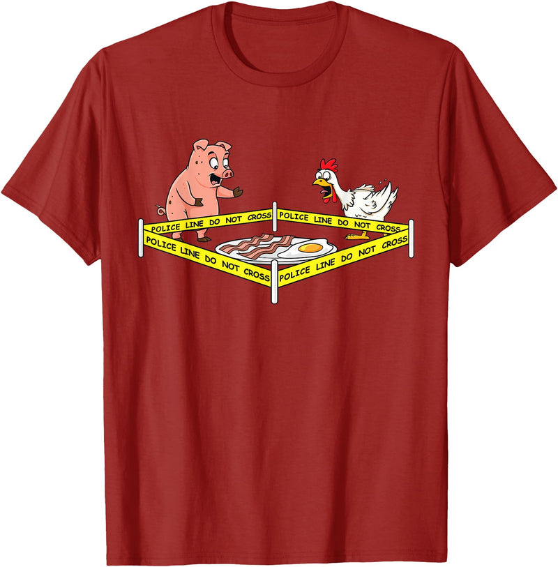 Mr Ben Thanksgiving Police Line Do Not Cross Pig and Chicken Funny Food T-Shirt - Cranberry Red