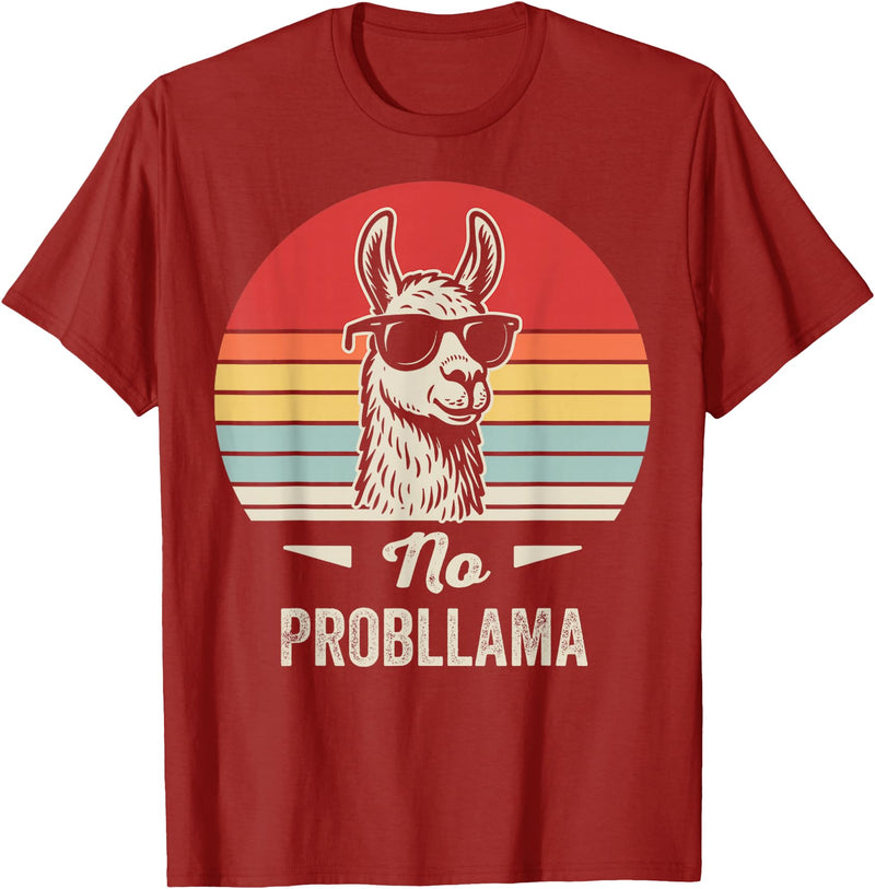 Retro Llama Humor No Drama Vintage Vibes No Probllama Retro Llama Humor Design T-Shirt - Cranberry Red