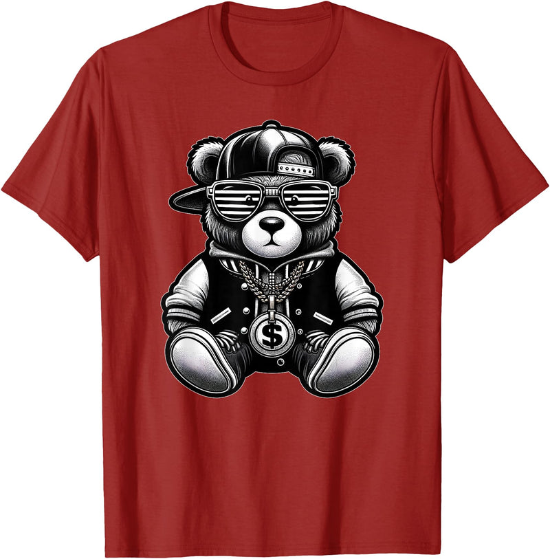 Teddy Bear Hip Hop Lovers Men Women & Kids Funny Hip Hop Teddy Bear 90s Graffiti Art Rap Lover Gangsta T-Shirt - Cranberry Red